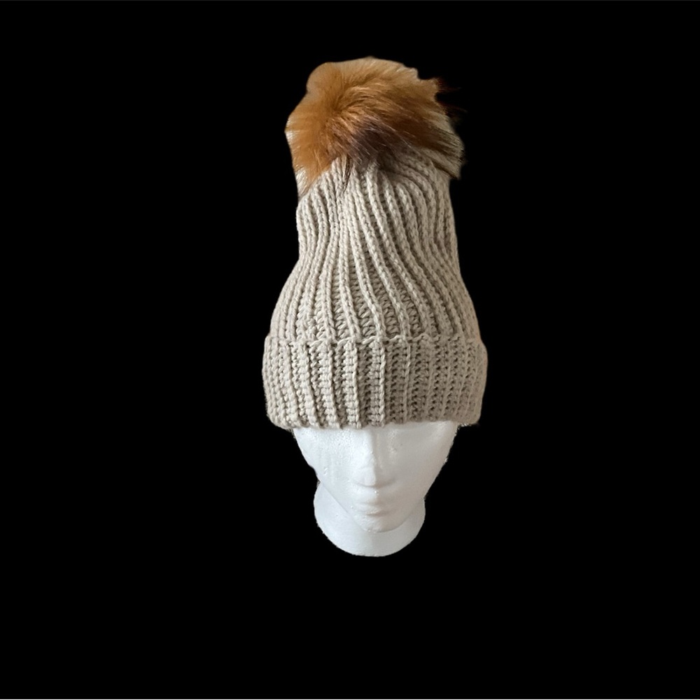 Handmade Crochet Beanie Hat  Adult Ribbed with faux fur pompom - Picture 3 of 4